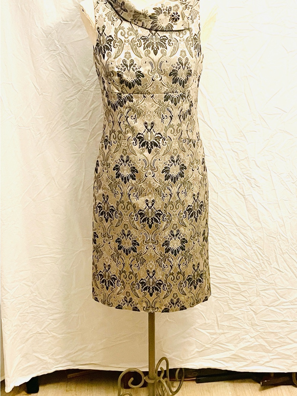 Tahari Gold and Black Damask Midi Sheath Dress